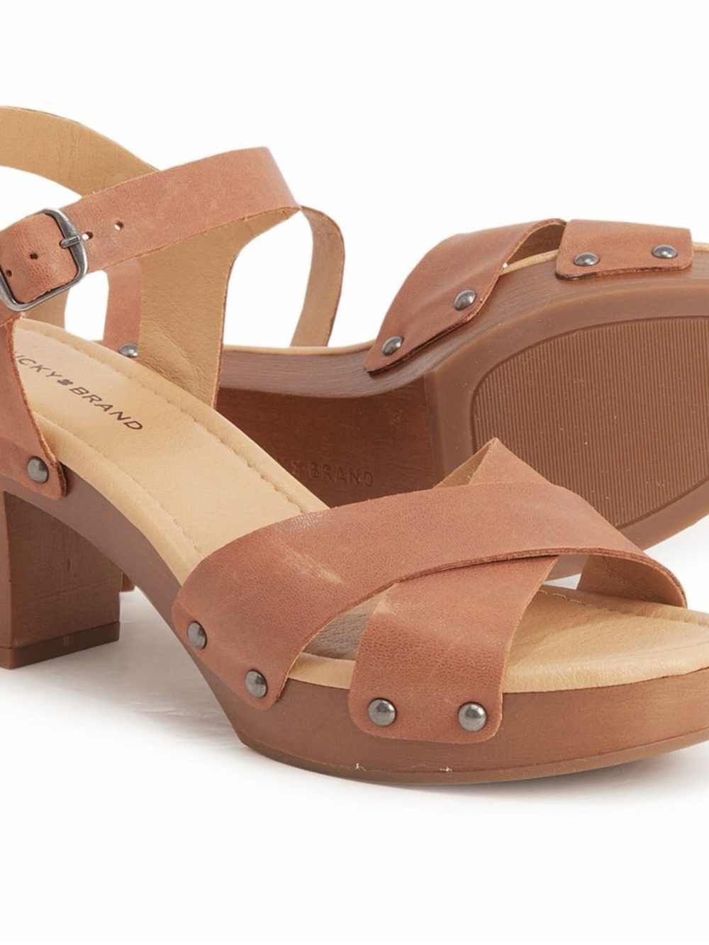 Lucky Brand Tan Leather Cross-Strap Block Heel Sandals